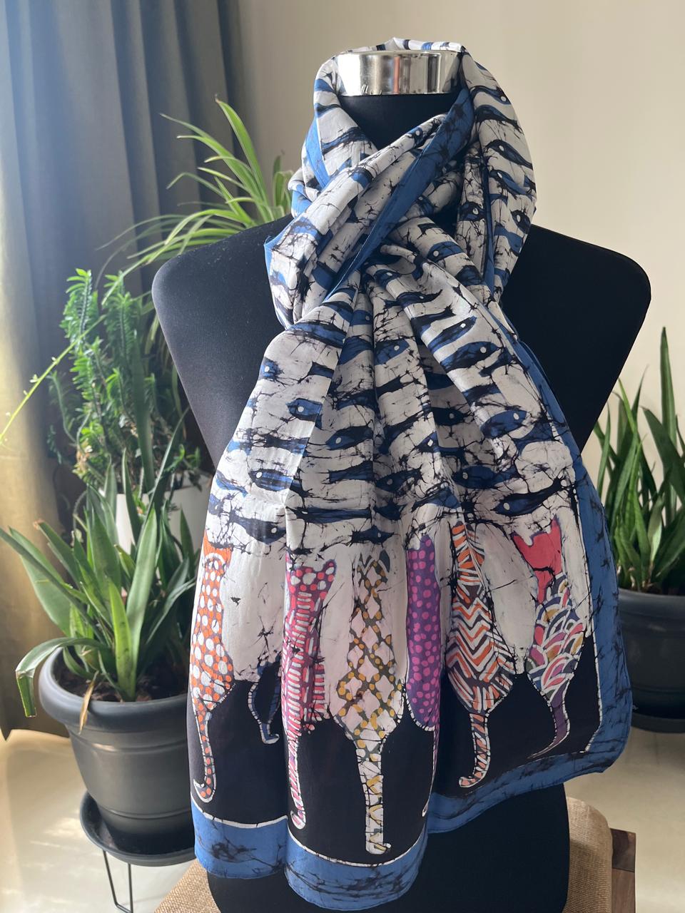 Pure Soft Silk Stole with Hand Wax Batik work - For Cat Lovers - Wax and Whiskers