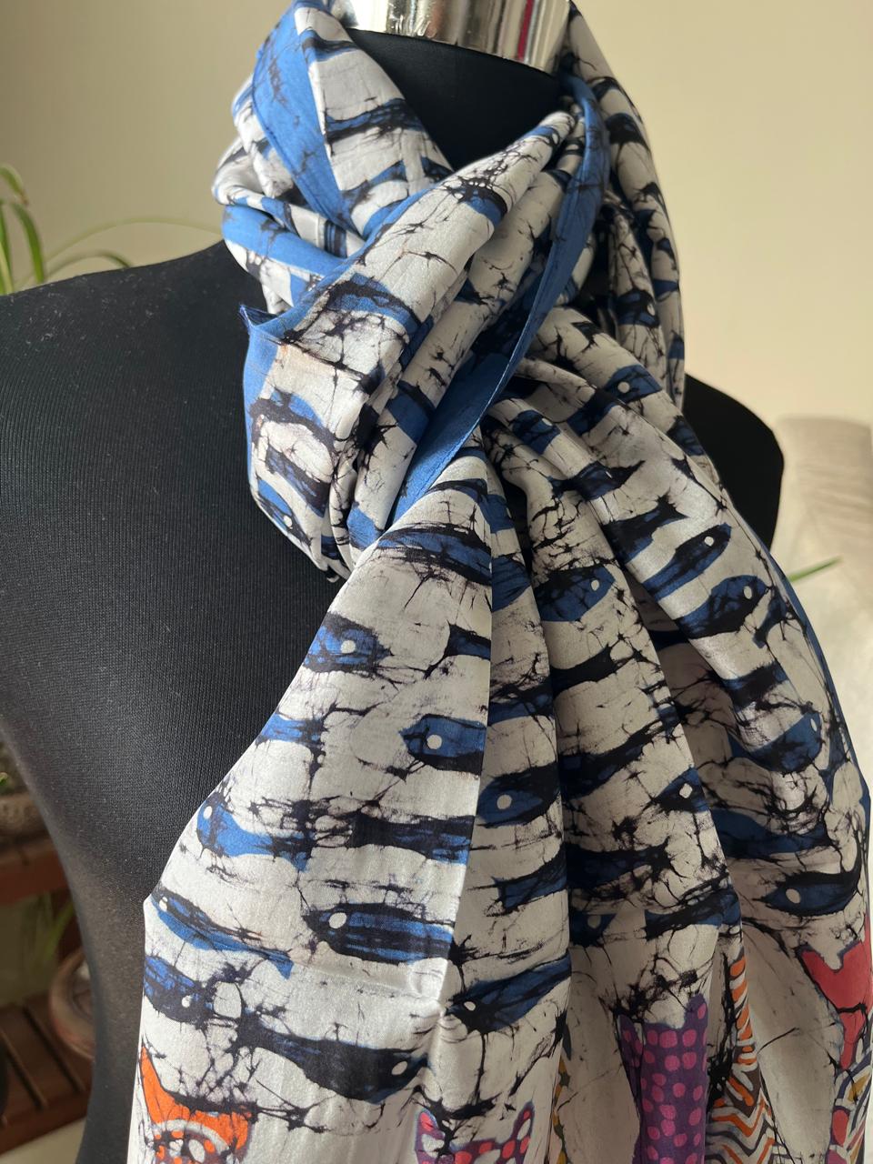 Pure Soft Silk Stole with Hand Wax Batik work - For Cat Lovers - Wax and Whiskers