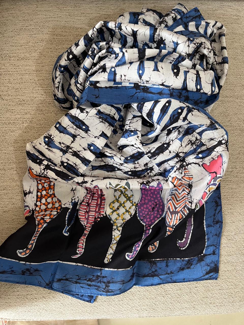 Pure Soft Silk Stole with Hand Wax Batik work - For Cat Lovers - Wax and Whiskers