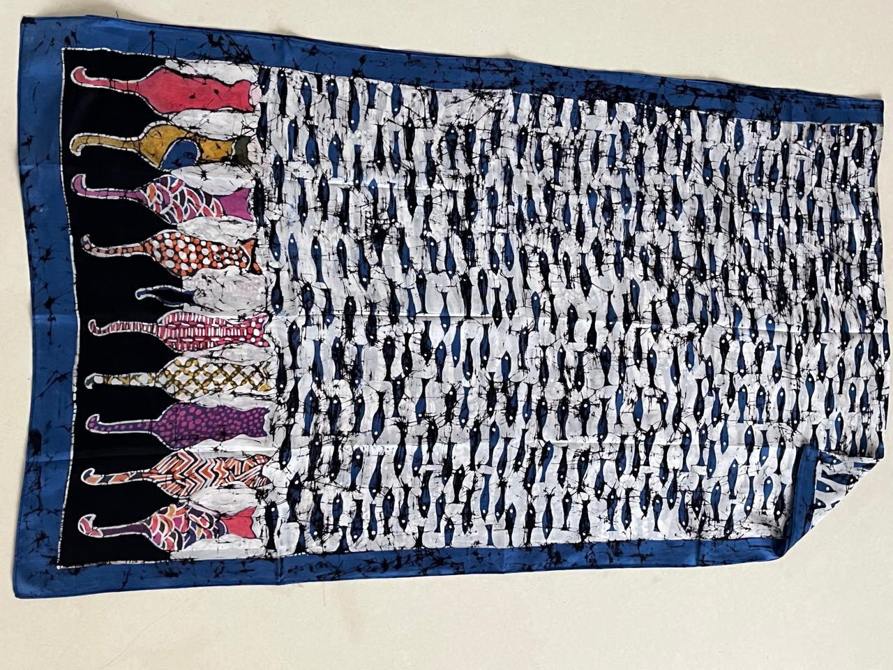 Pure Soft Silk Stole with Hand Wax Batik work - For Cat Lovers - Wax and Whiskers