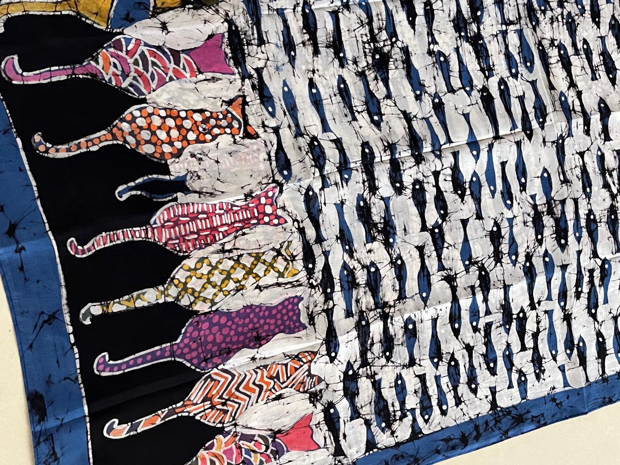 Pure Soft Silk Stole with Hand Wax Batik work - For Cat Lovers - Wax and Whiskers