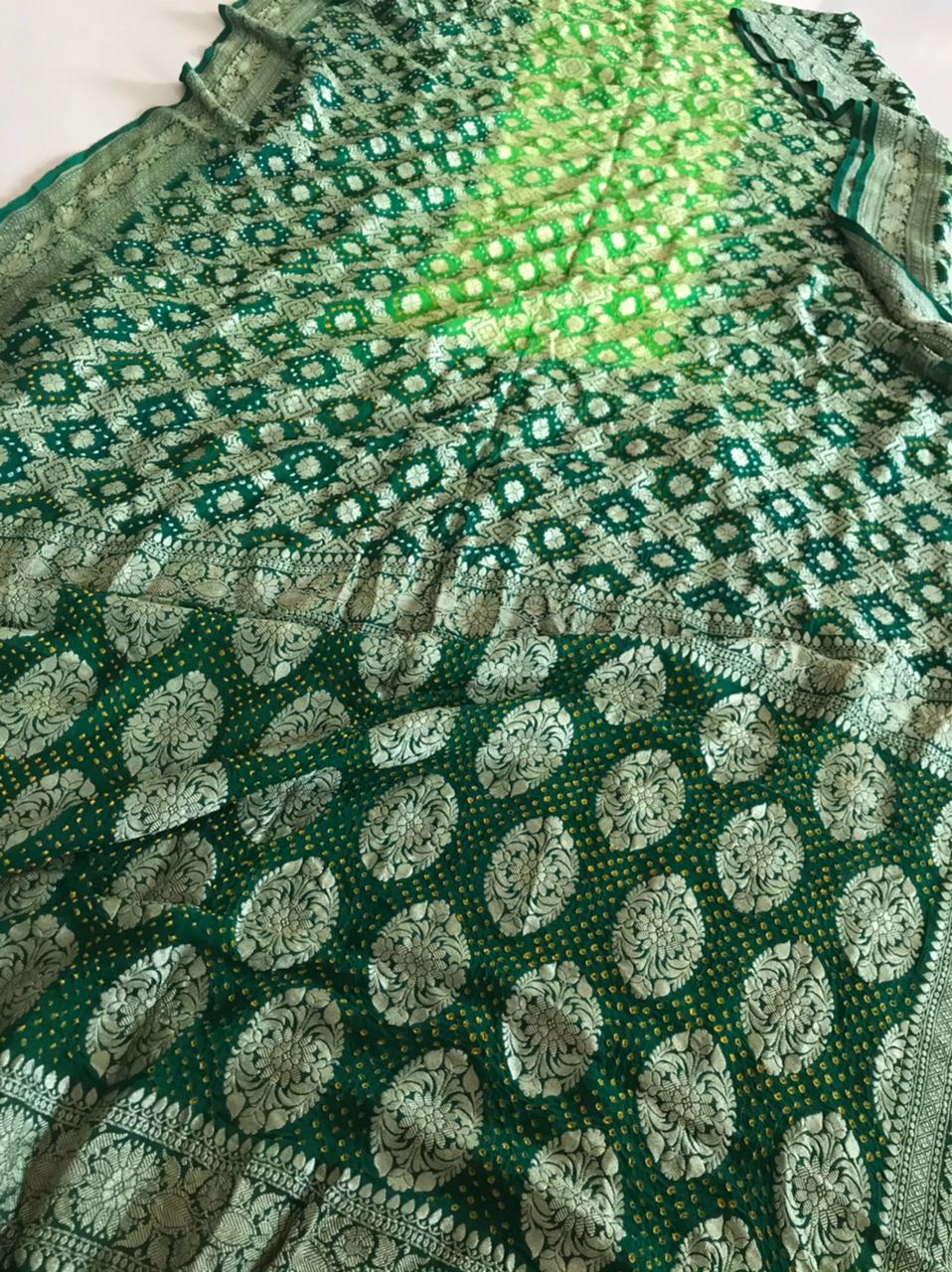 Handwoven Banarasi Georgette Saree with Bandhani work - Bottle Green with Lime Green