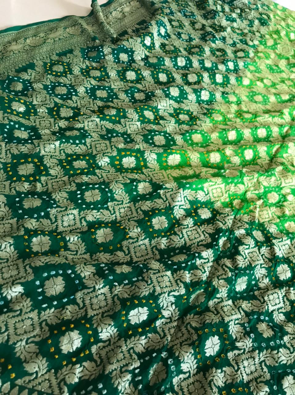 Handwoven Banarasi Georgette Saree with Bandhani work - Bottle Green with Lime Green