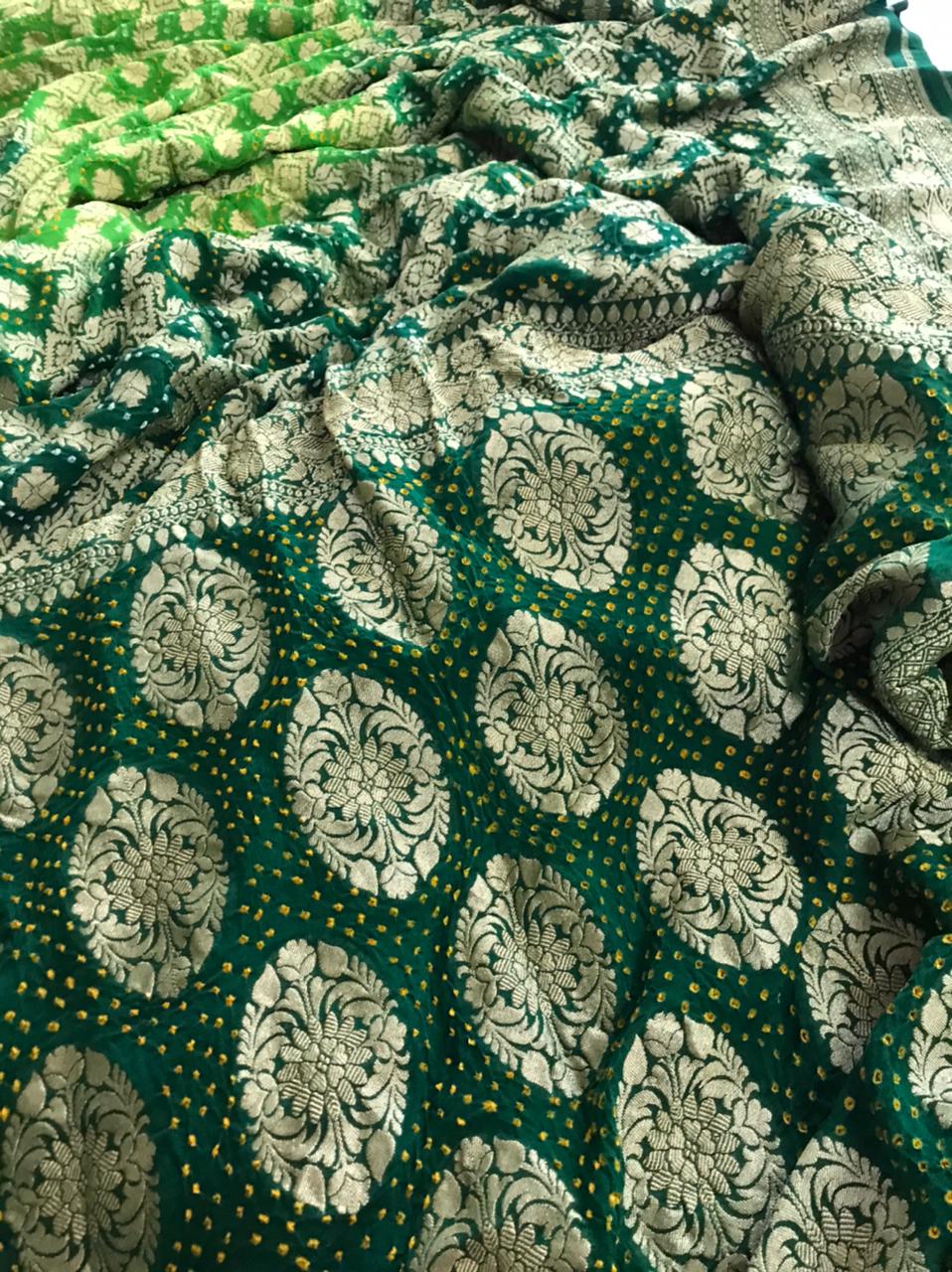 Handwoven Banarasi Georgette Saree with Bandhani work - Bottle Green with Lime Green