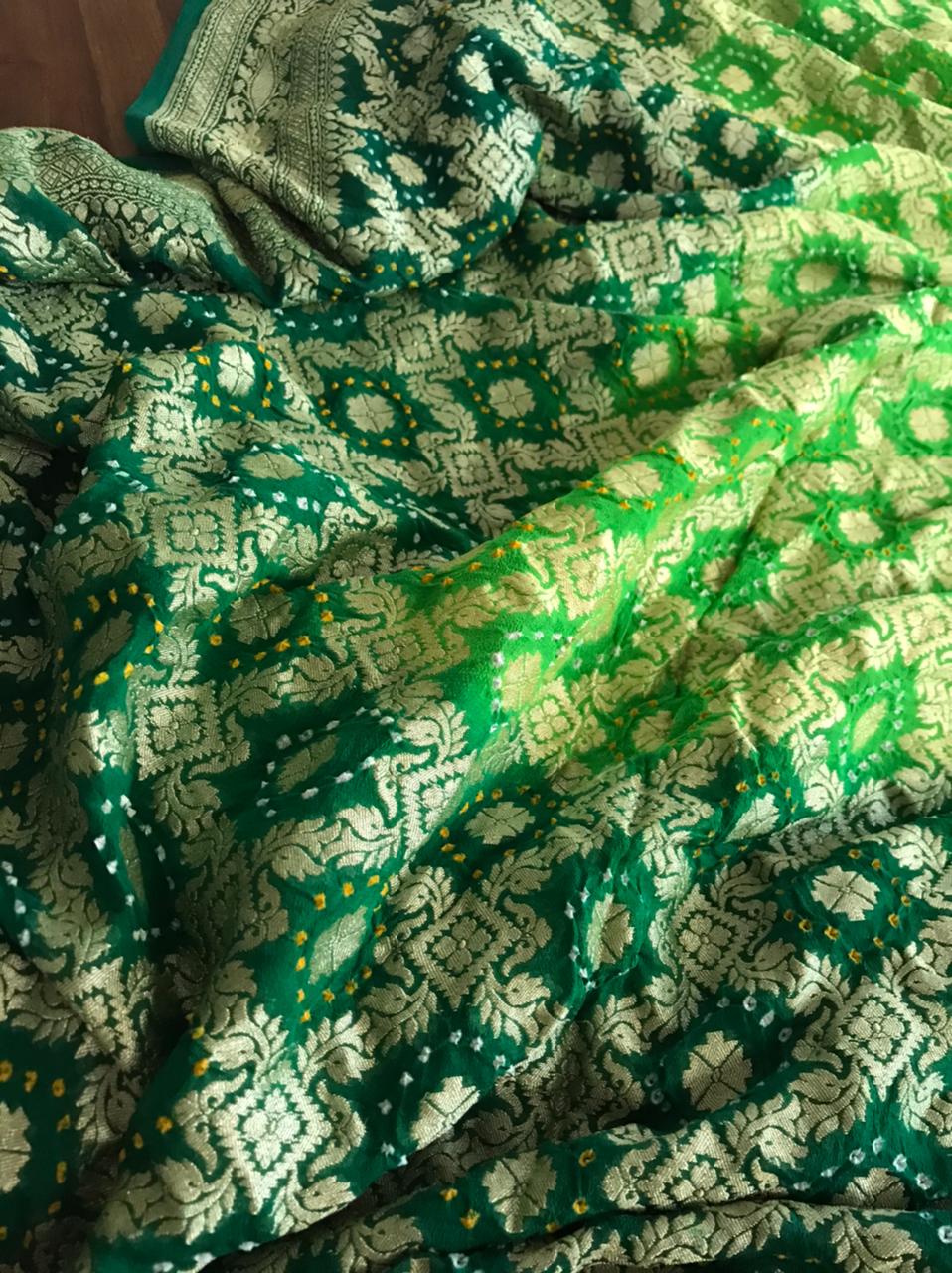 Handwoven Banarasi Georgette Saree with Bandhani work - Bottle Green with Lime Green