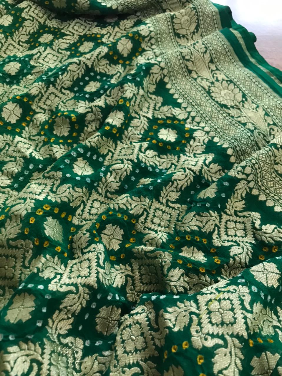 Handwoven Banarasi Georgette Saree with Bandhani work - Bottle Green with Lime Green