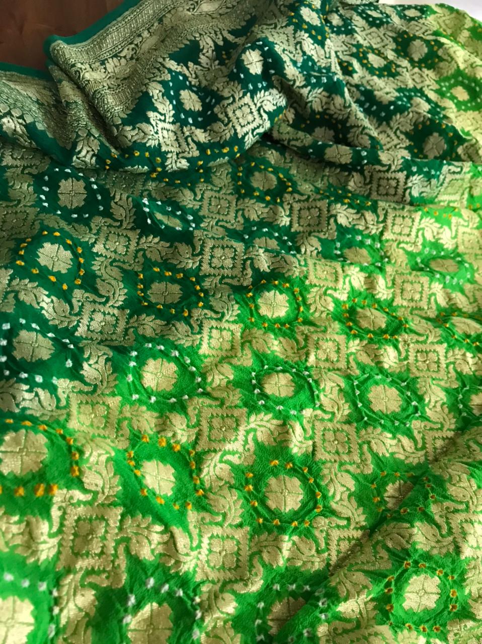 Handwoven Banarasi Georgette Saree with Bandhani work - Bottle Green with Lime Green
