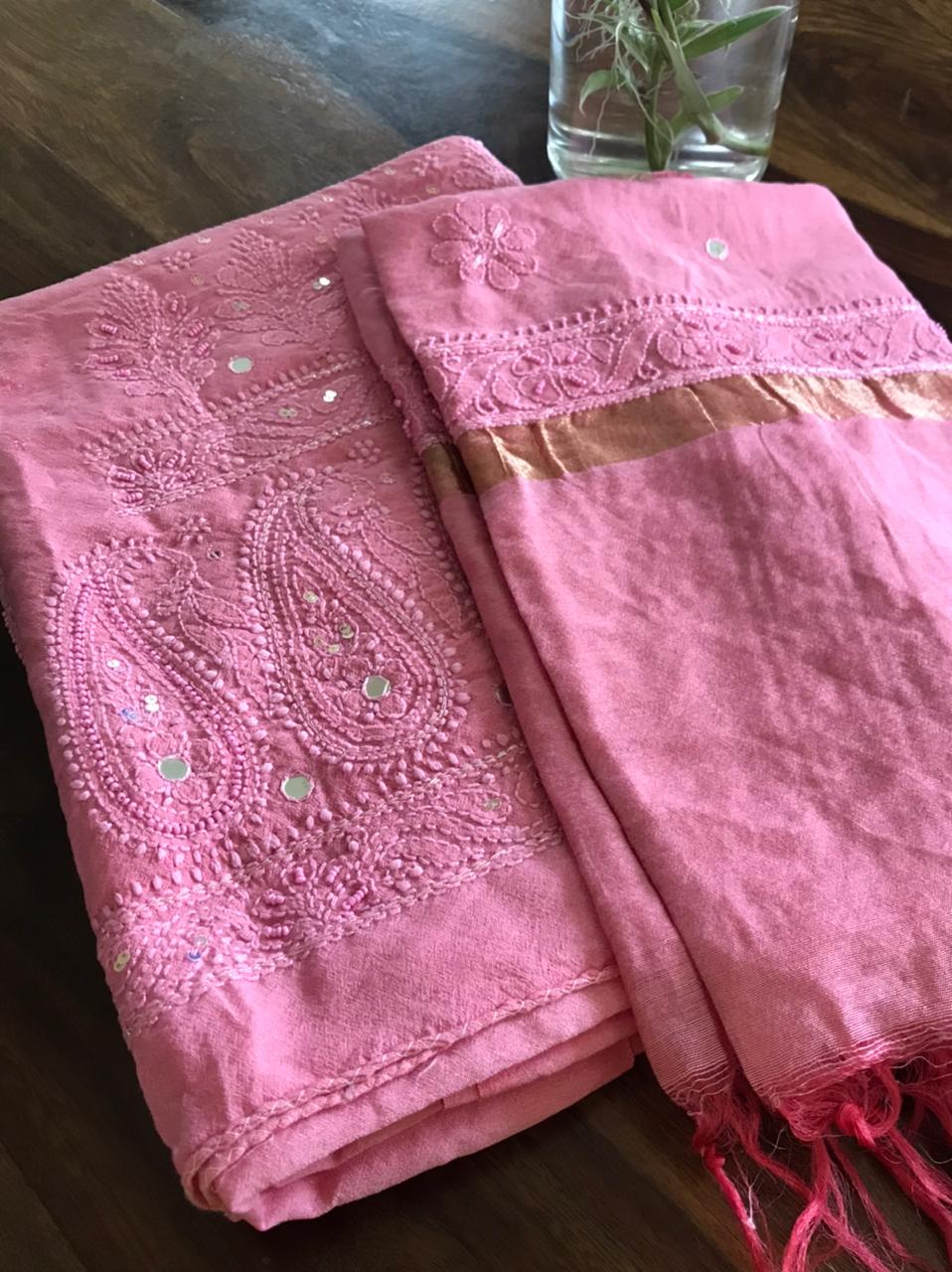 Chanderi Kurta Dupatta with very fine Chikankari embroidery and pearl work - Pink