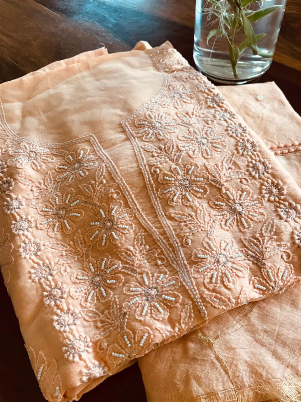 Chanderi Kurta Dupatta with very fine Chikankari embroidery and pearl work - Peach