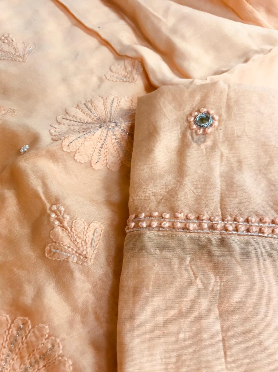Chanderi Kurta Dupatta with very fine Chikankari embroidery and pearl work - Peach