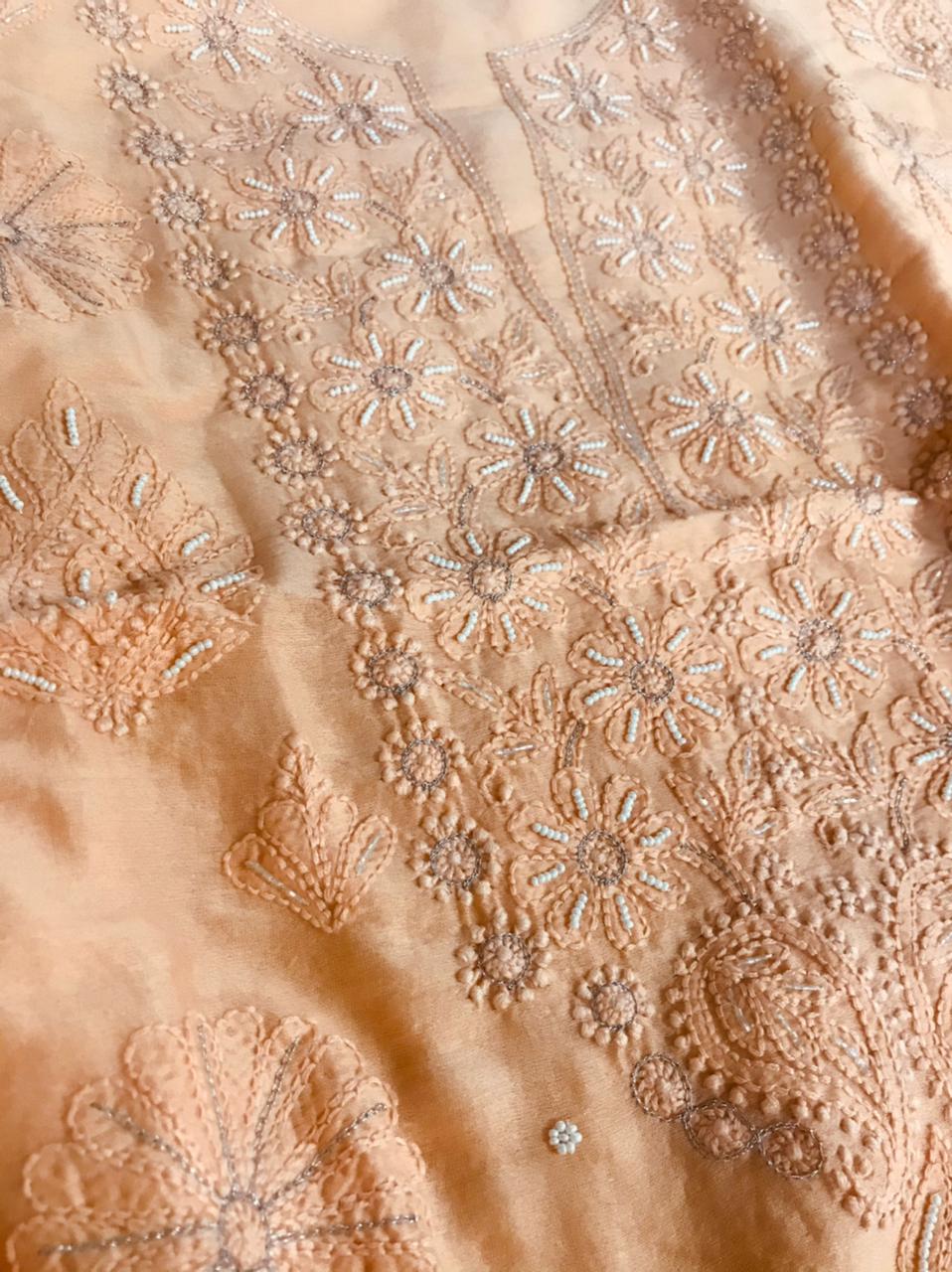 Chanderi Kurta Dupatta with very fine Chikankari embroidery and pearl work - Peach