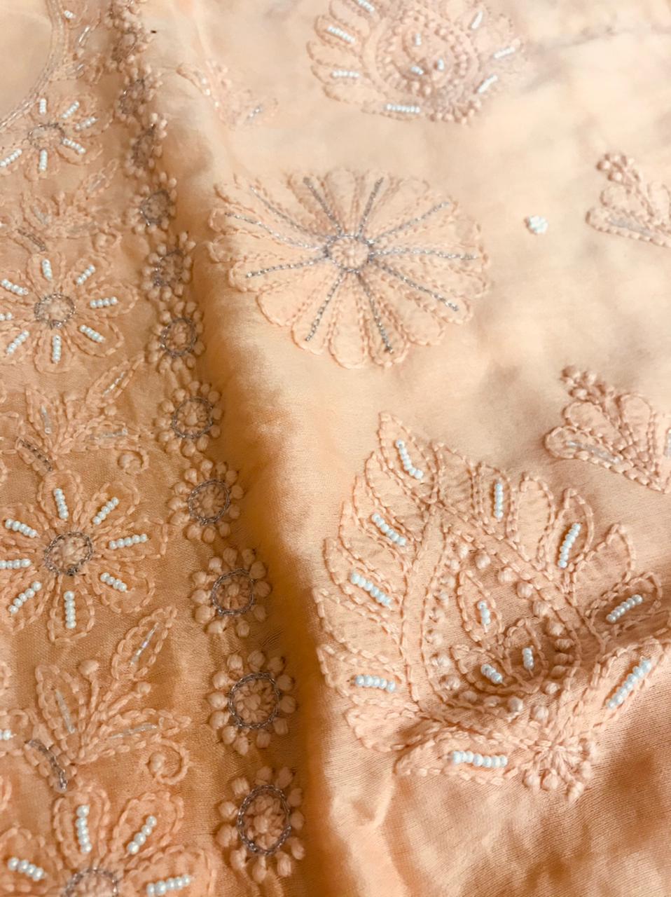 Chanderi Kurta Dupatta with very fine Chikankari embroidery and pearl work - Peach