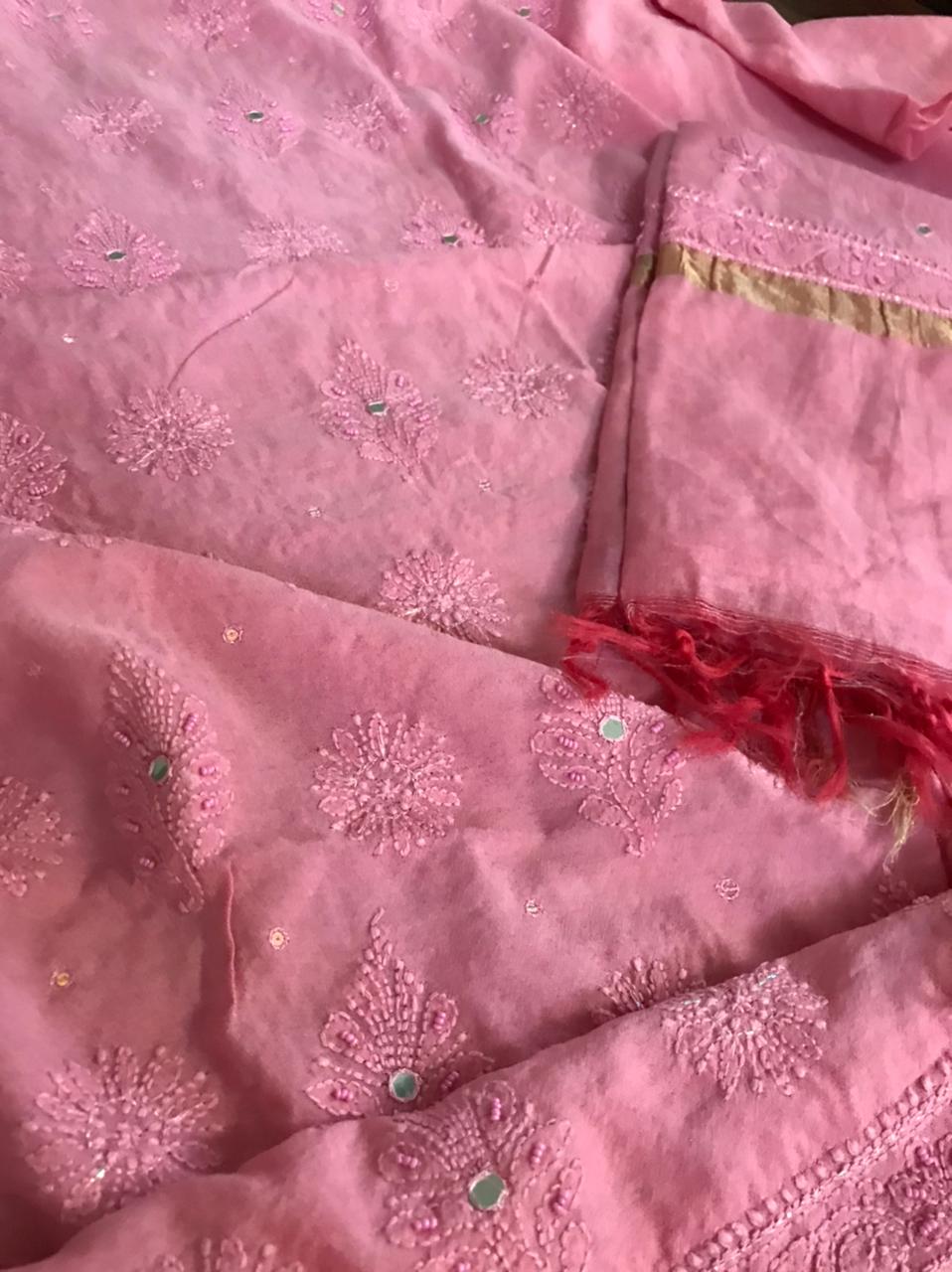 Chanderi Kurta Dupatta with very fine Chikankari embroidery and pearl work - Pink