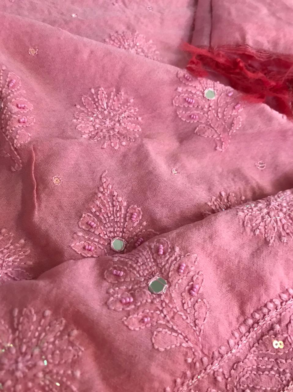 Chanderi Kurta Dupatta with very fine Chikankari embroidery and pearl work - Pink