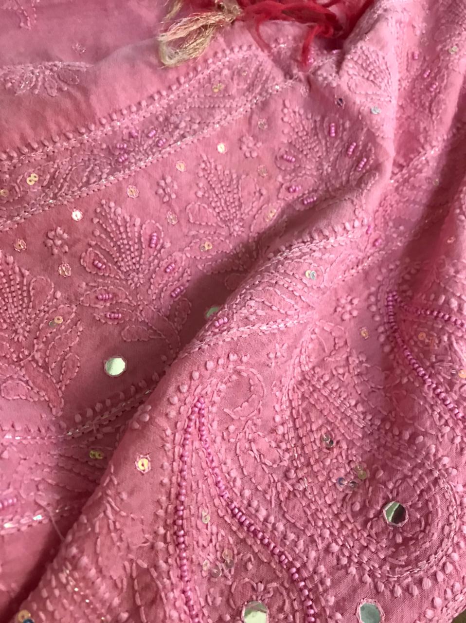 Chanderi Kurta Dupatta with very fine Chikankari embroidery and pearl work - Pink