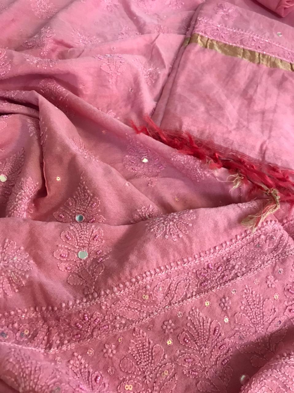 Chanderi Kurta Dupatta with very fine Chikankari embroidery and pearl work - Pink
