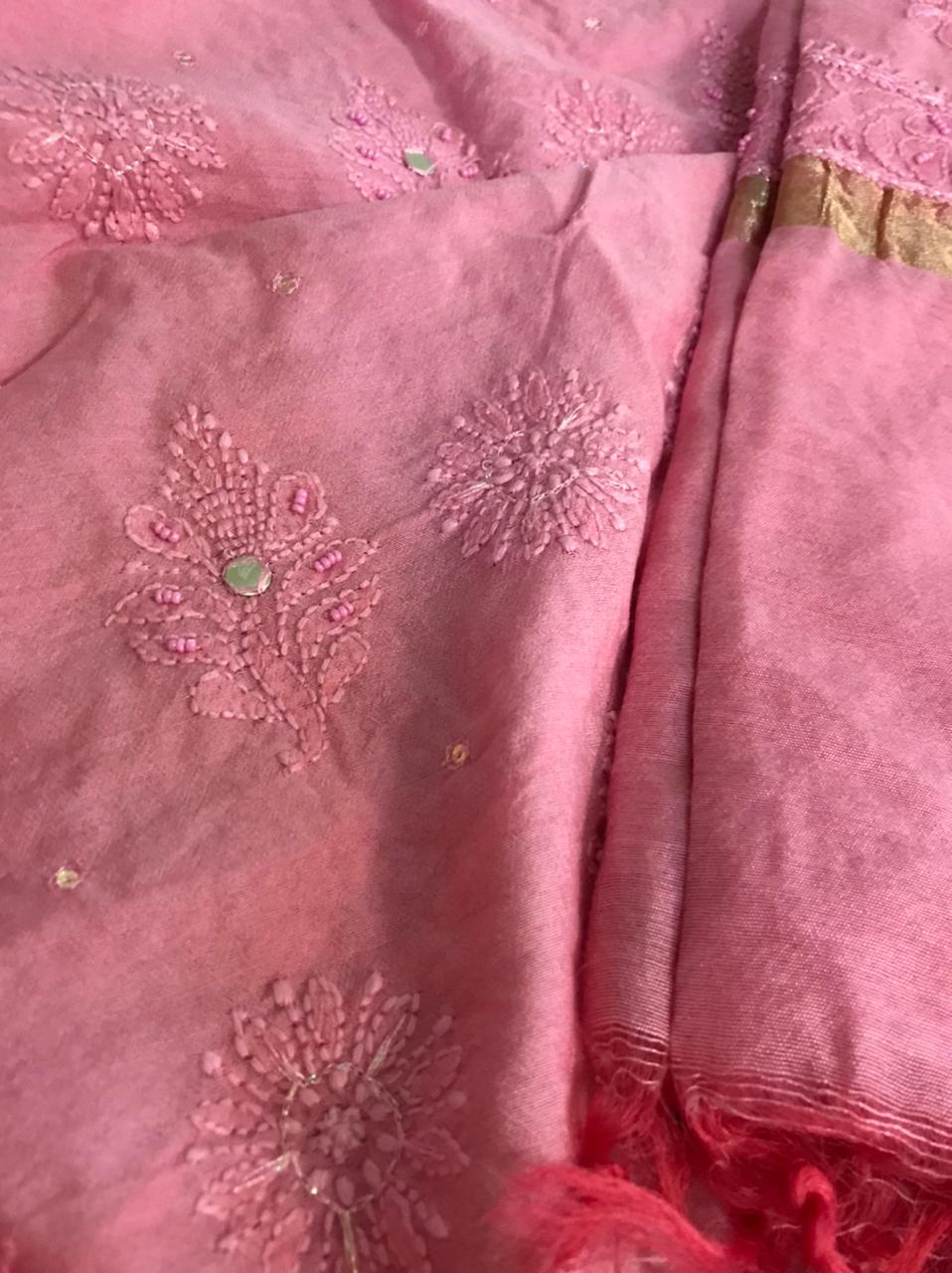 Chanderi Kurta Dupatta with very fine Chikankari embroidery and pearl work - Pink