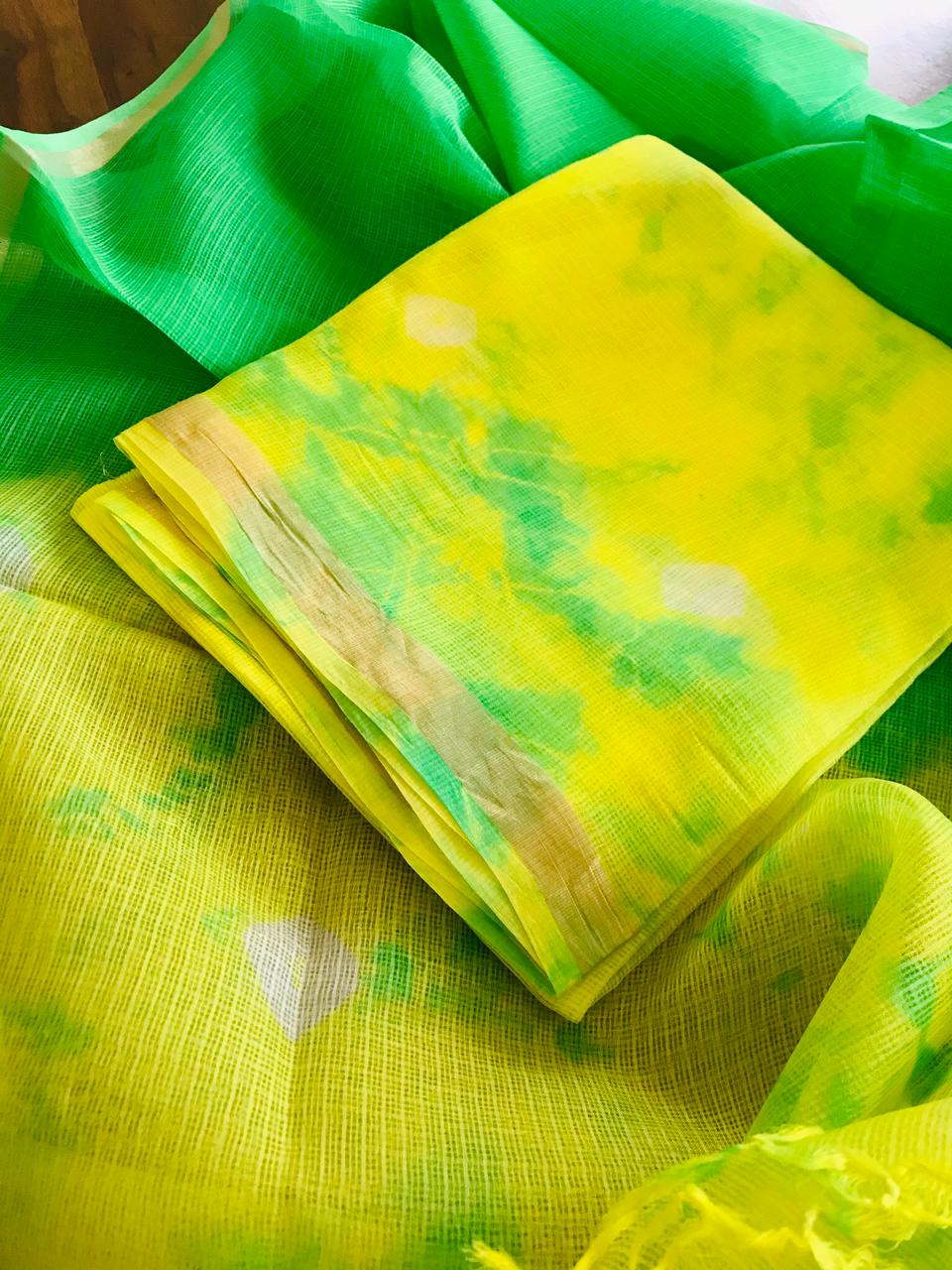 Pure Kota Silk Kurta Dupatta sets with Shibori work - Lime and Green