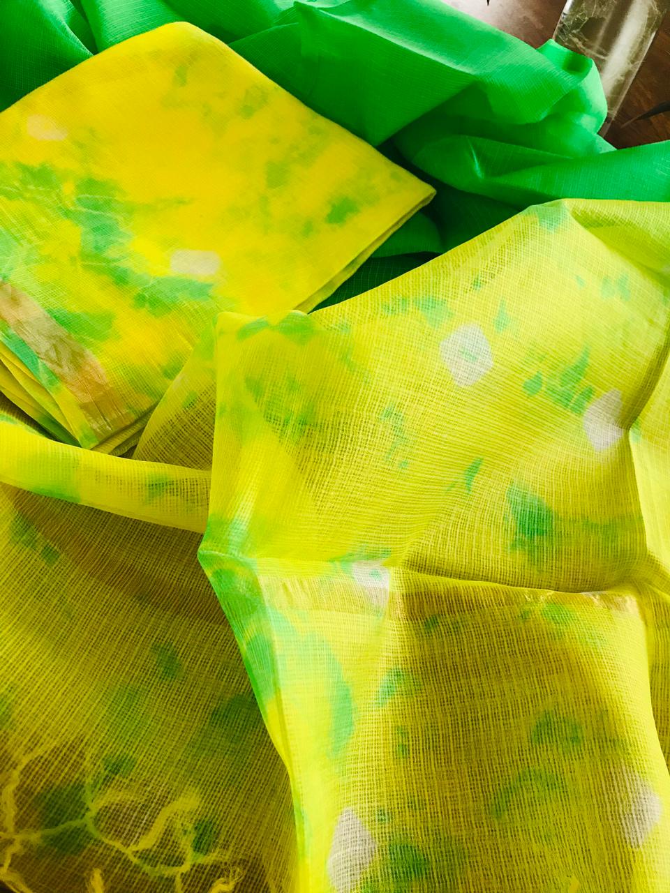 Pure Kota Silk Kurta Dupatta sets with Shibori work - Lime and Green