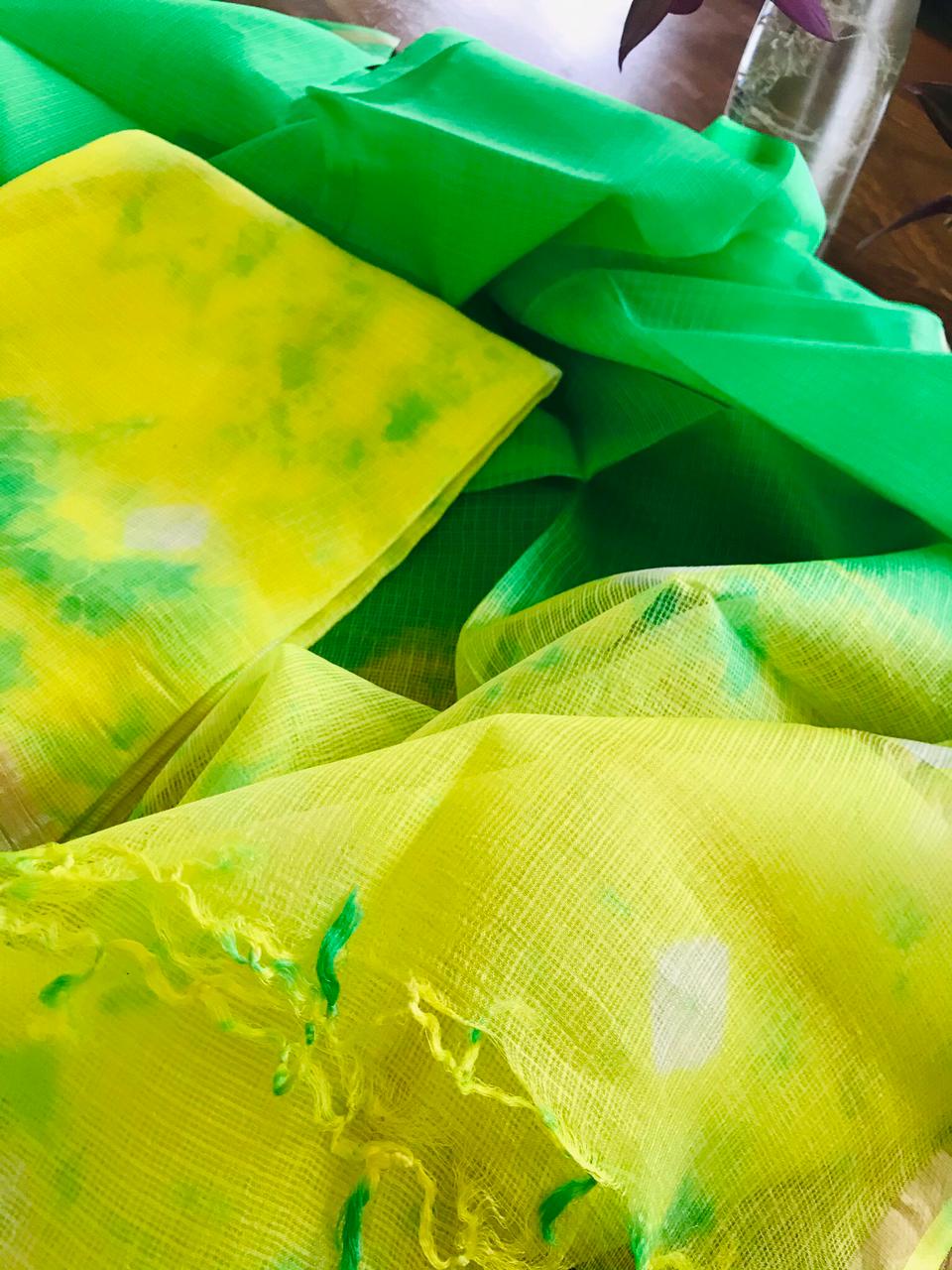 Pure Kota Silk Kurta Dupatta sets with Shibori work - Lime and Green