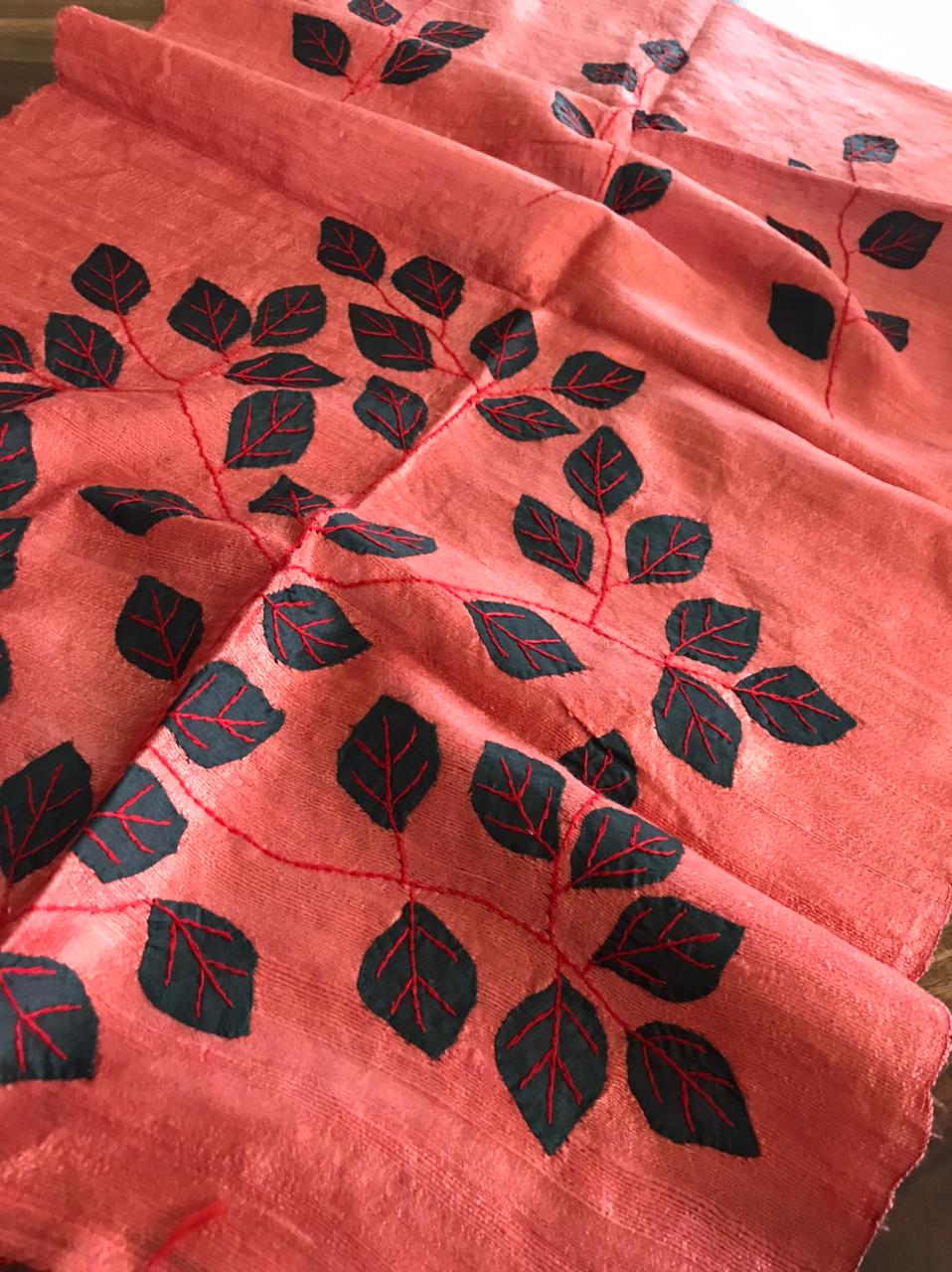 Vibrant pure Raw Silk Stole - applique work