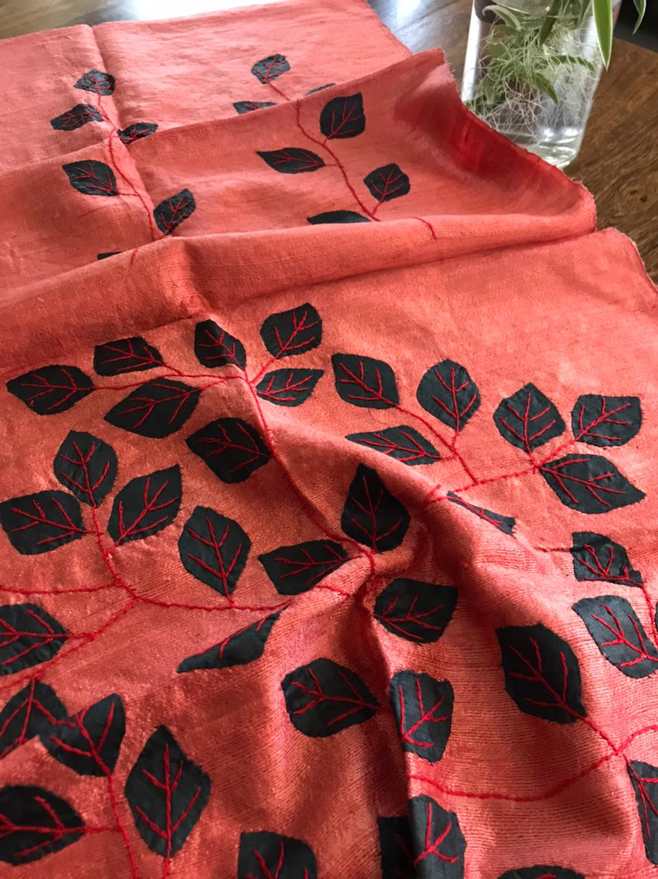 Vibrant pure Raw Silk Stole - applique work