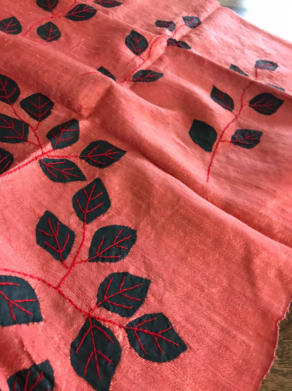 Vibrant pure Raw Silk Stole - applique work