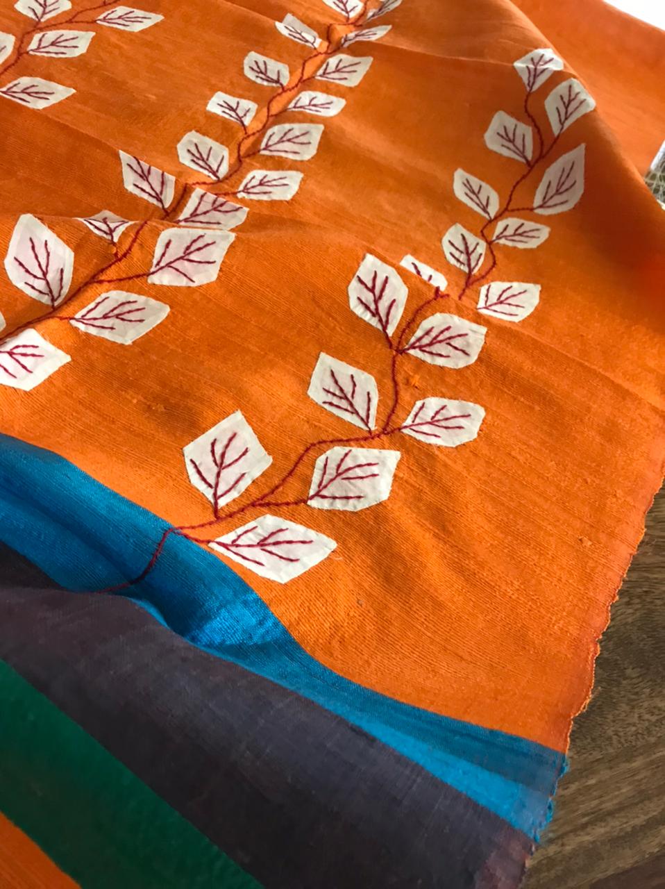 Vibrant pure Raw Silk Stole - applique work