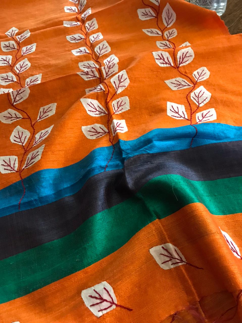 Vibrant pure Raw Silk Stole - applique work