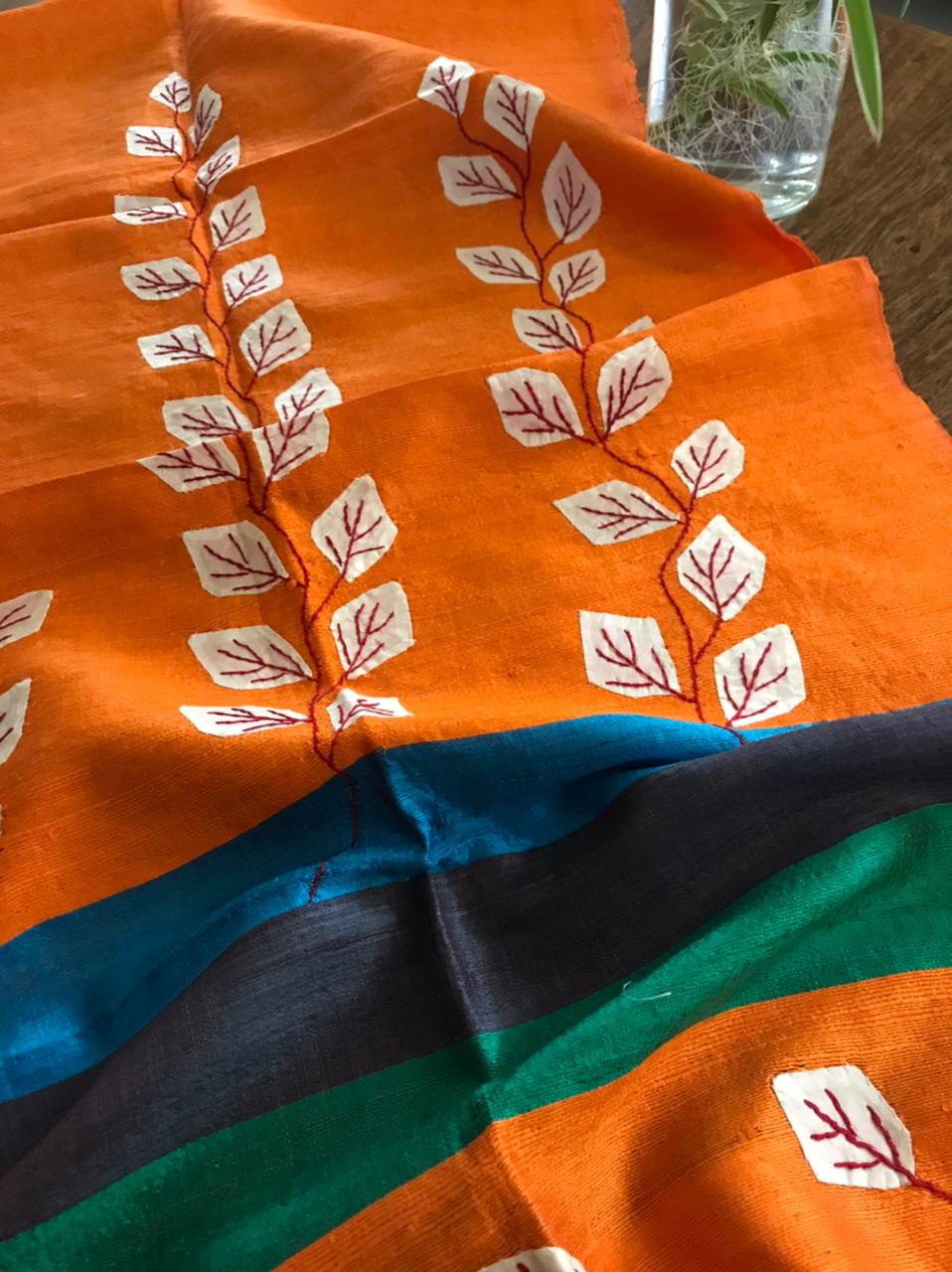 Vibrant pure Raw Silk Stole - applique work