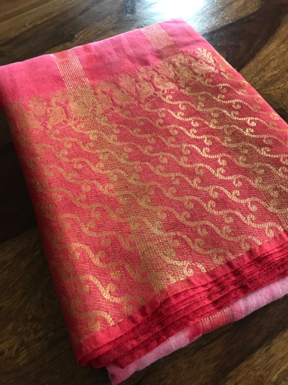 Beautiful handloom festive linen saree with intricate zari weaving- Pink with Gold
