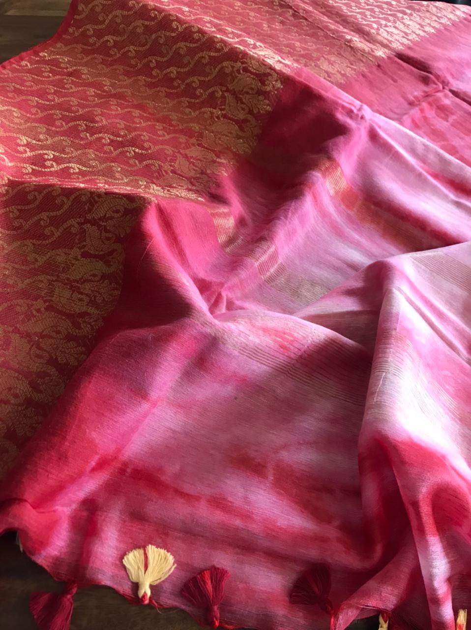 Beautiful handloom festive linen saree with intricate zari weaving- Pink with Gold