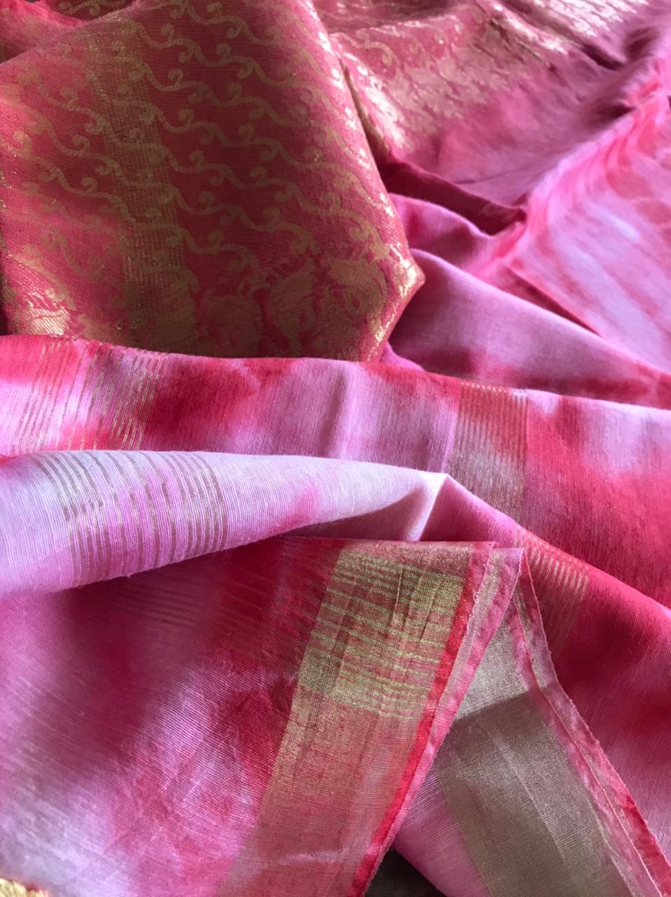 Beautiful handloom festive linen saree with intricate zari weaving- Pink with Gold