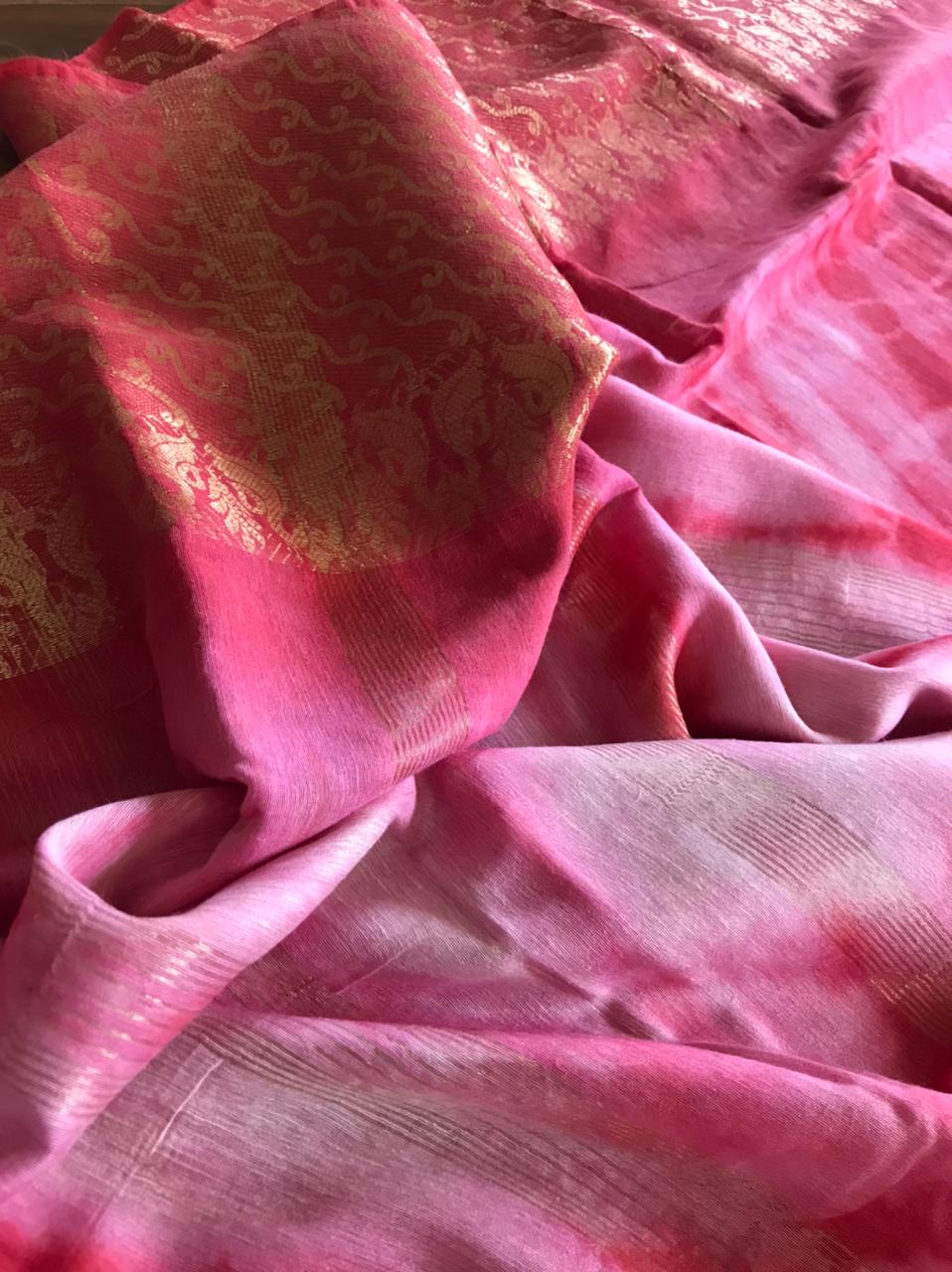 Beautiful handloom festive linen saree with intricate zari weaving- Pink with Gold