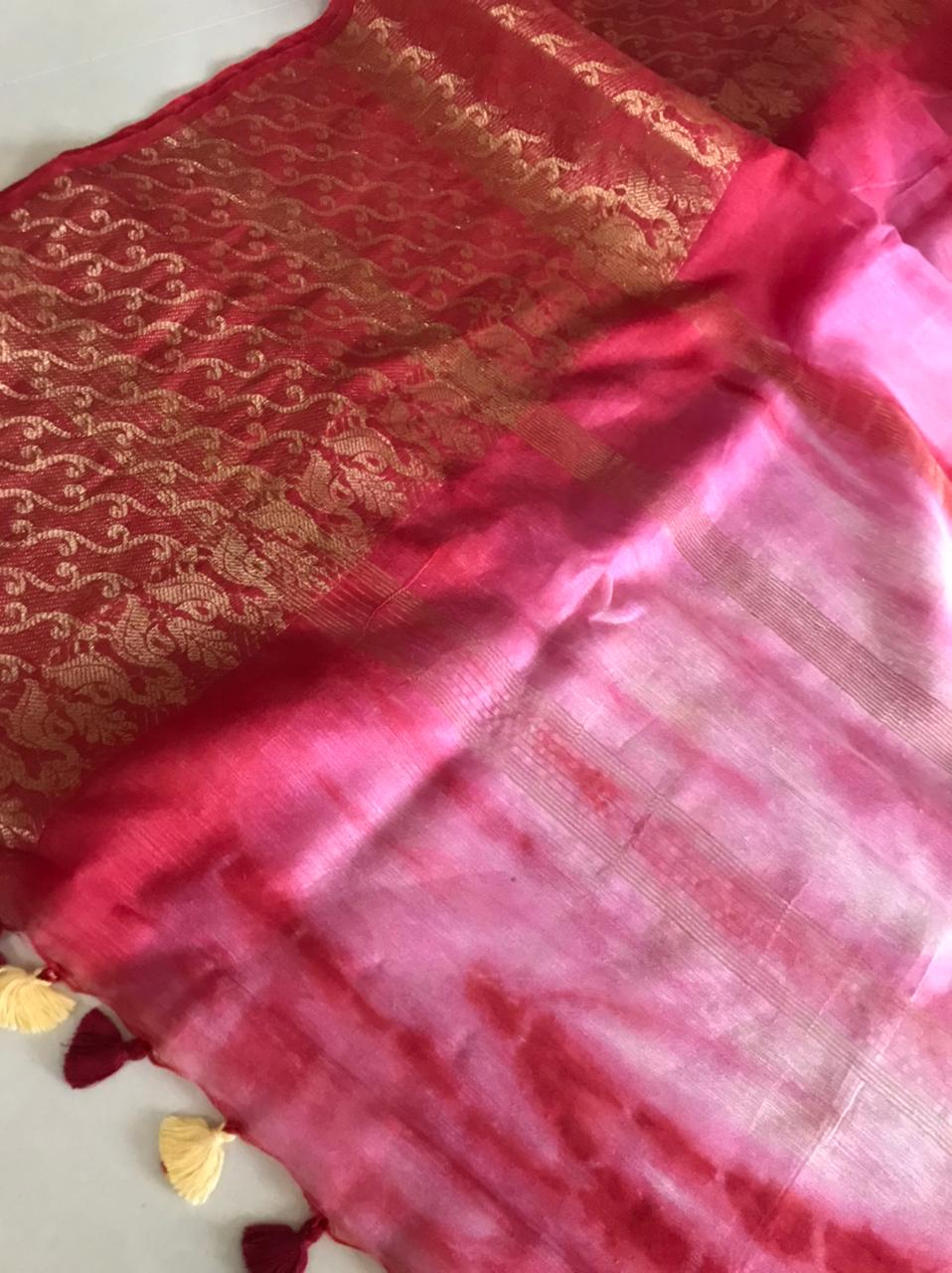 Beautiful handloom festive linen saree with intricate zari weaving- Pink with Gold