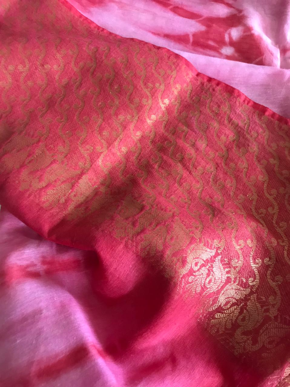 Beautiful handloom festive linen saree with intricate zari weaving- Pink with Gold