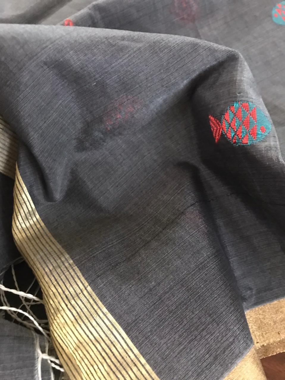 Chanderi Silk Handoven dupatta with fish motifs - Charcoal Black