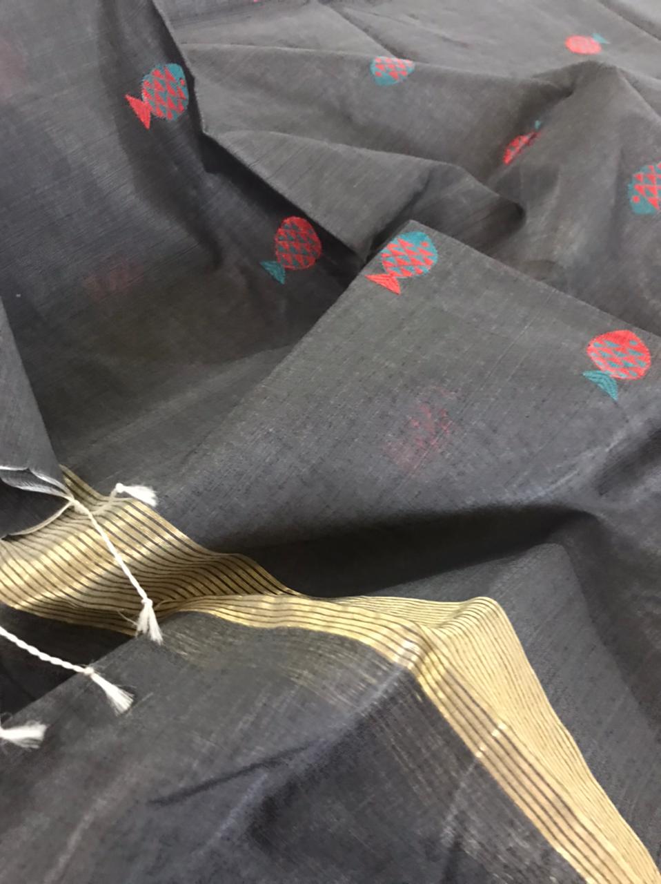 Chanderi Silk Handoven dupatta with fish motifs - Charcoal Black