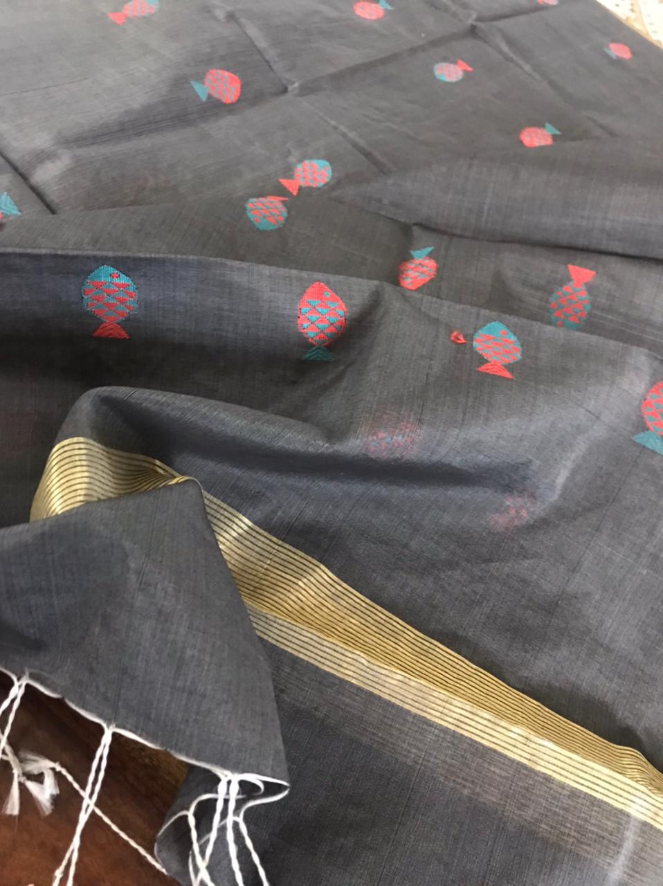 Chanderi Silk Handoven dupatta with fish motifs - Charcoal Black
