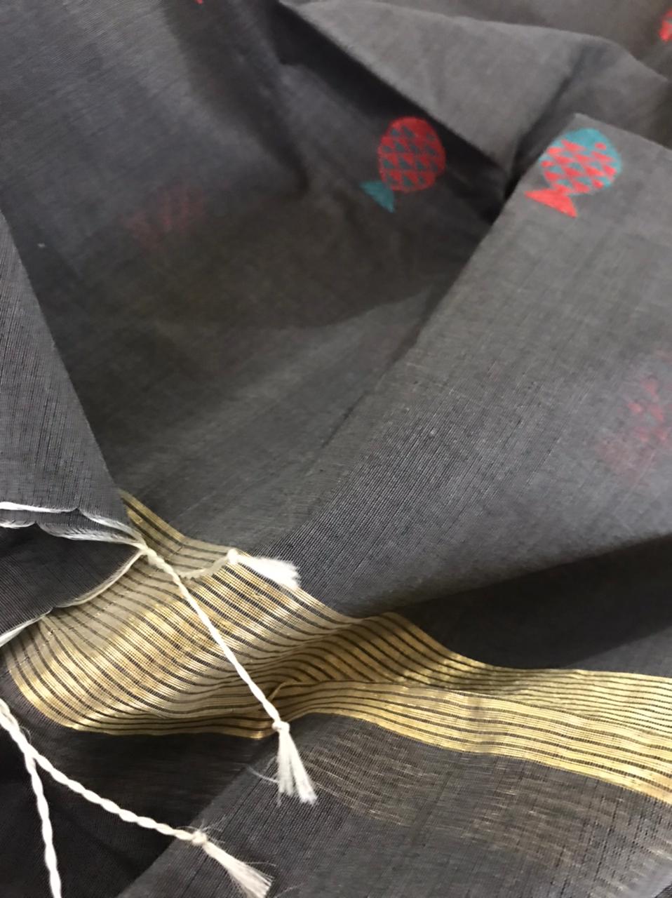 Chanderi Silk Handoven dupatta with fish motifs - Charcoal Black