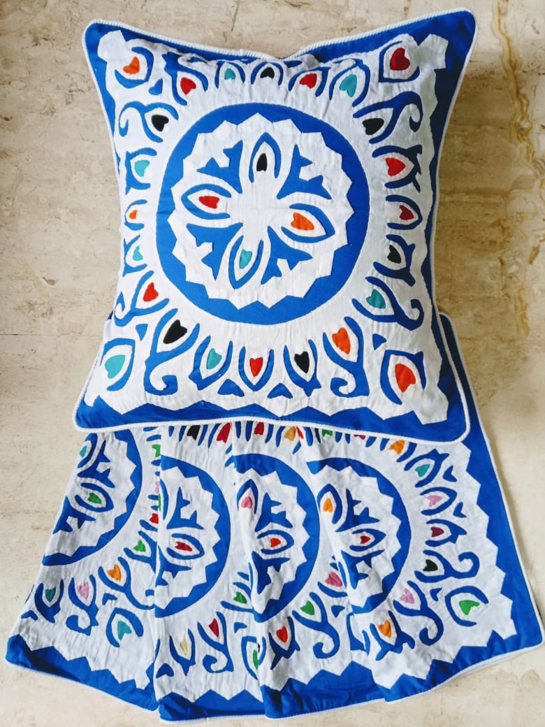 Handcrafted Applique work cushion covers- Blue and White