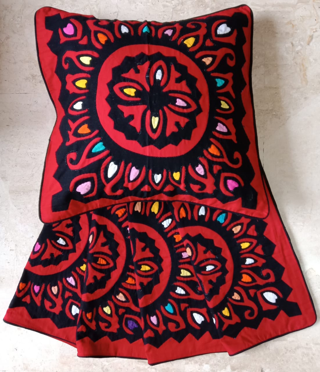 Handcrafted Applique work cushion covers- Red and Maroon