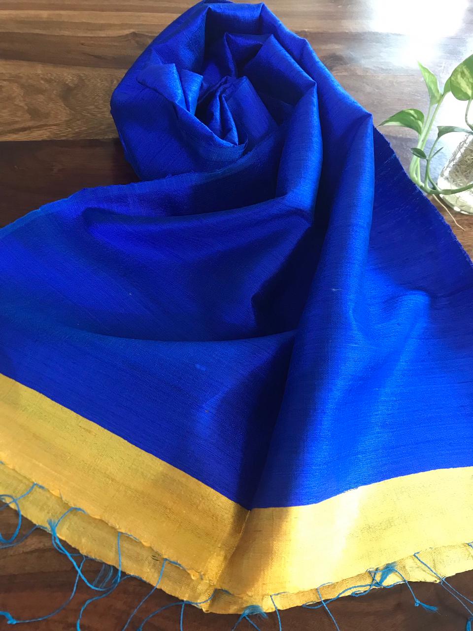 Vibrant pure Raw Silk Stole - Blue with Yellow Stripe
