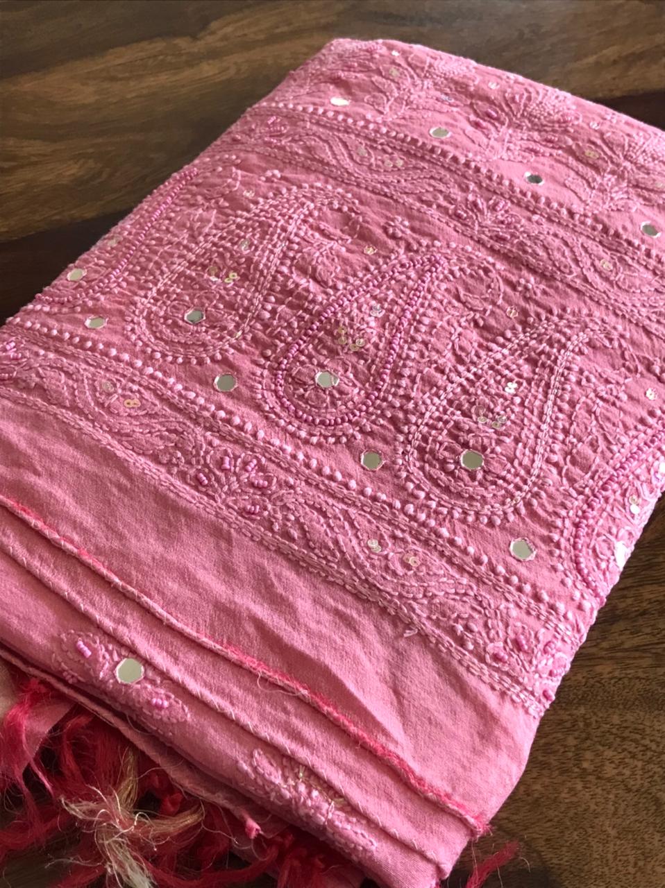 Chanderi Kurta Dupatta with very fine Chikankari embroidery and pearl work - Pink