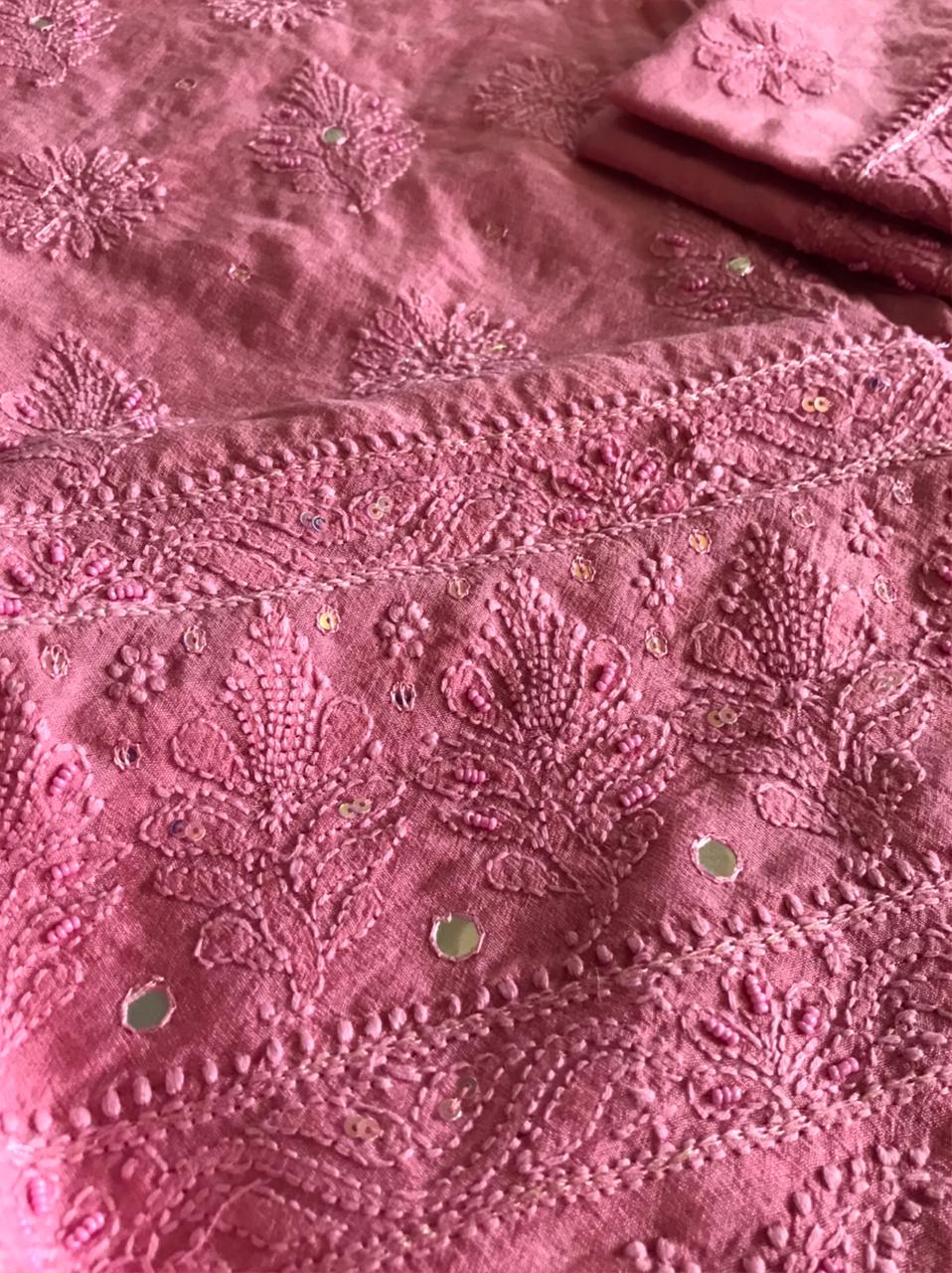 Chanderi Kurta Dupatta with very fine Chikankari embroidery and pearl work - Pink