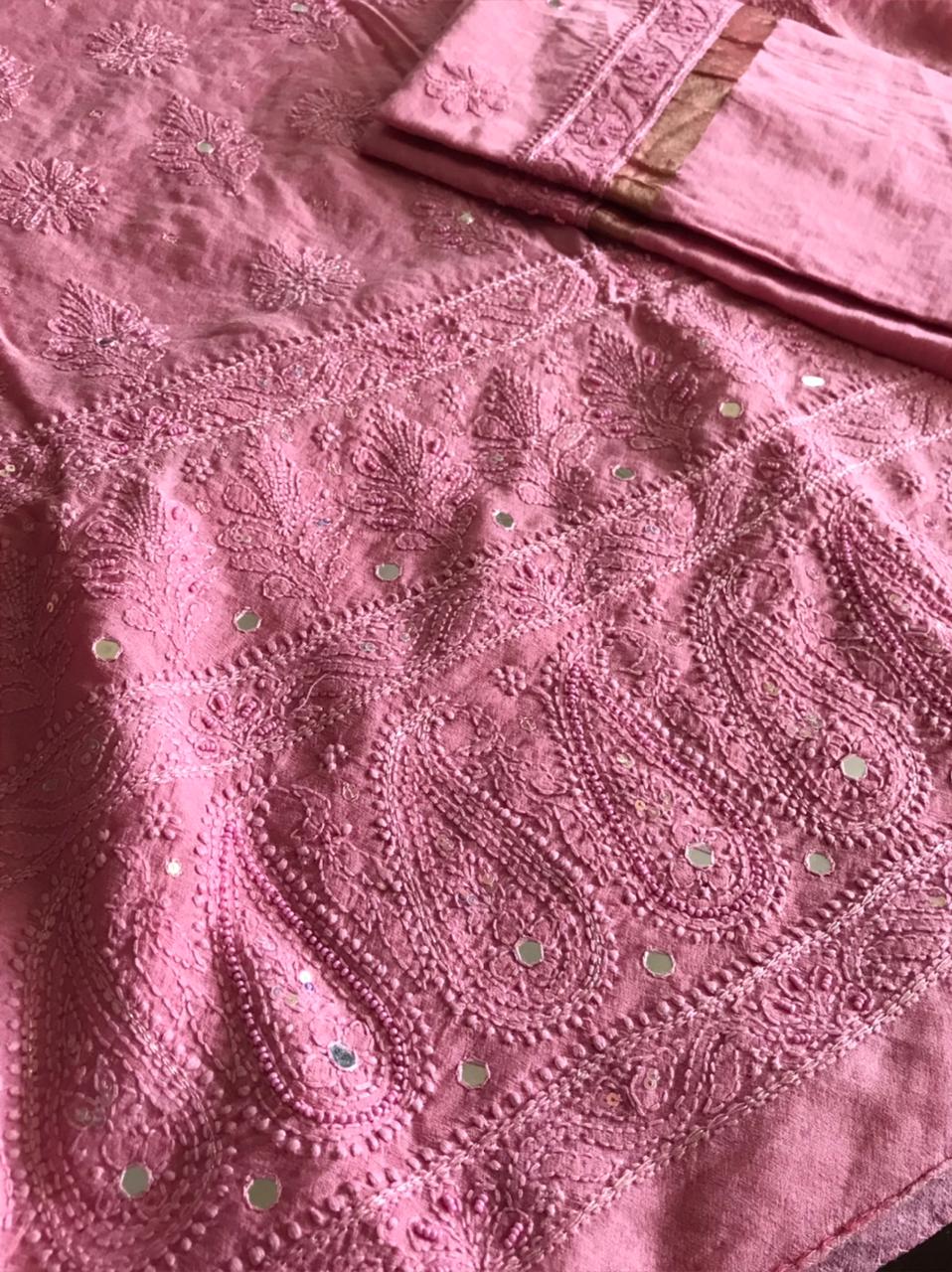 Chanderi Kurta Dupatta with very fine Chikankari embroidery and pearl work - Pink