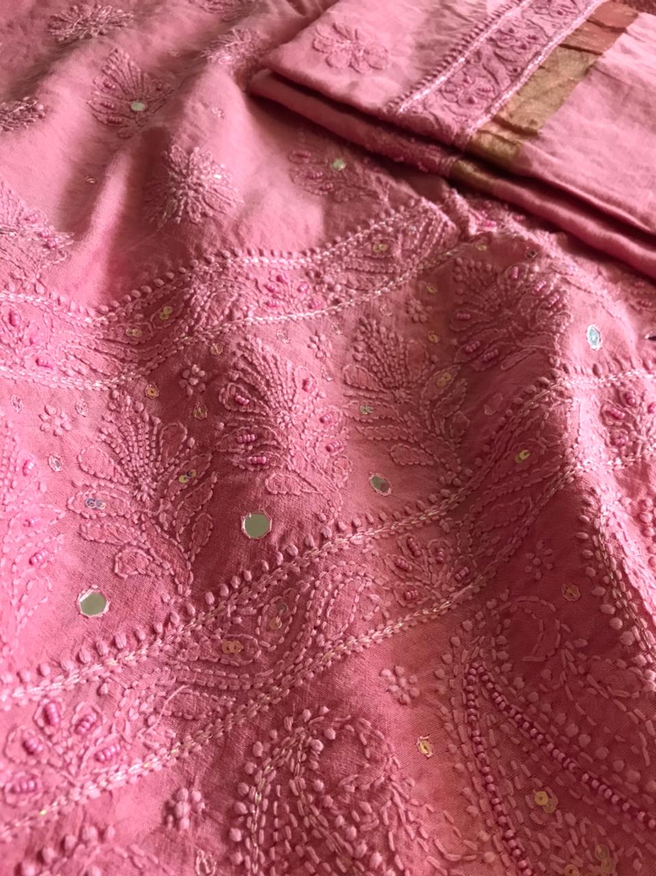 Chanderi Kurta Dupatta with very fine Chikankari embroidery and pearl work - Pink