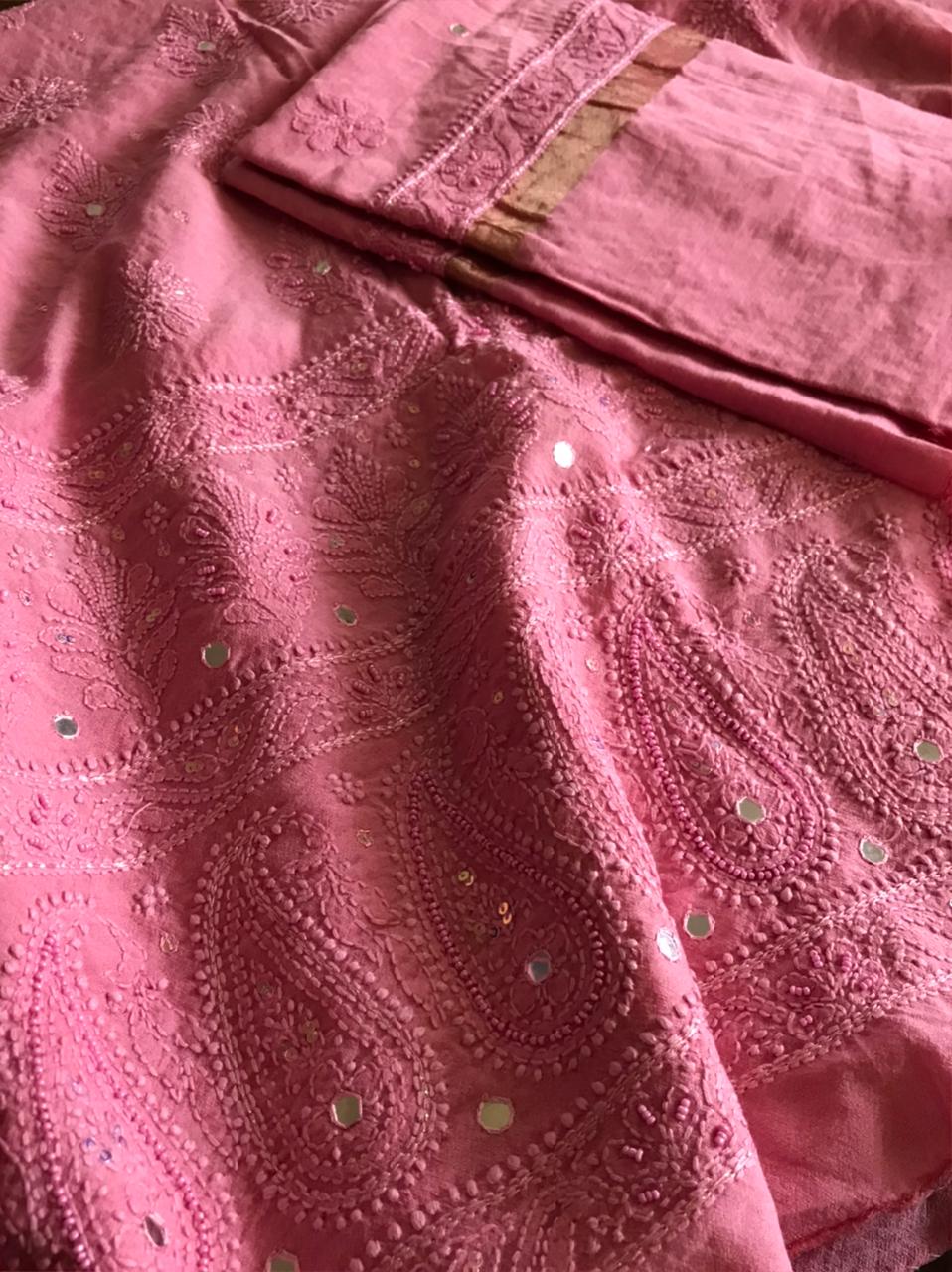 Chanderi Kurta Dupatta with very fine Chikankari embroidery and pearl work - Pink