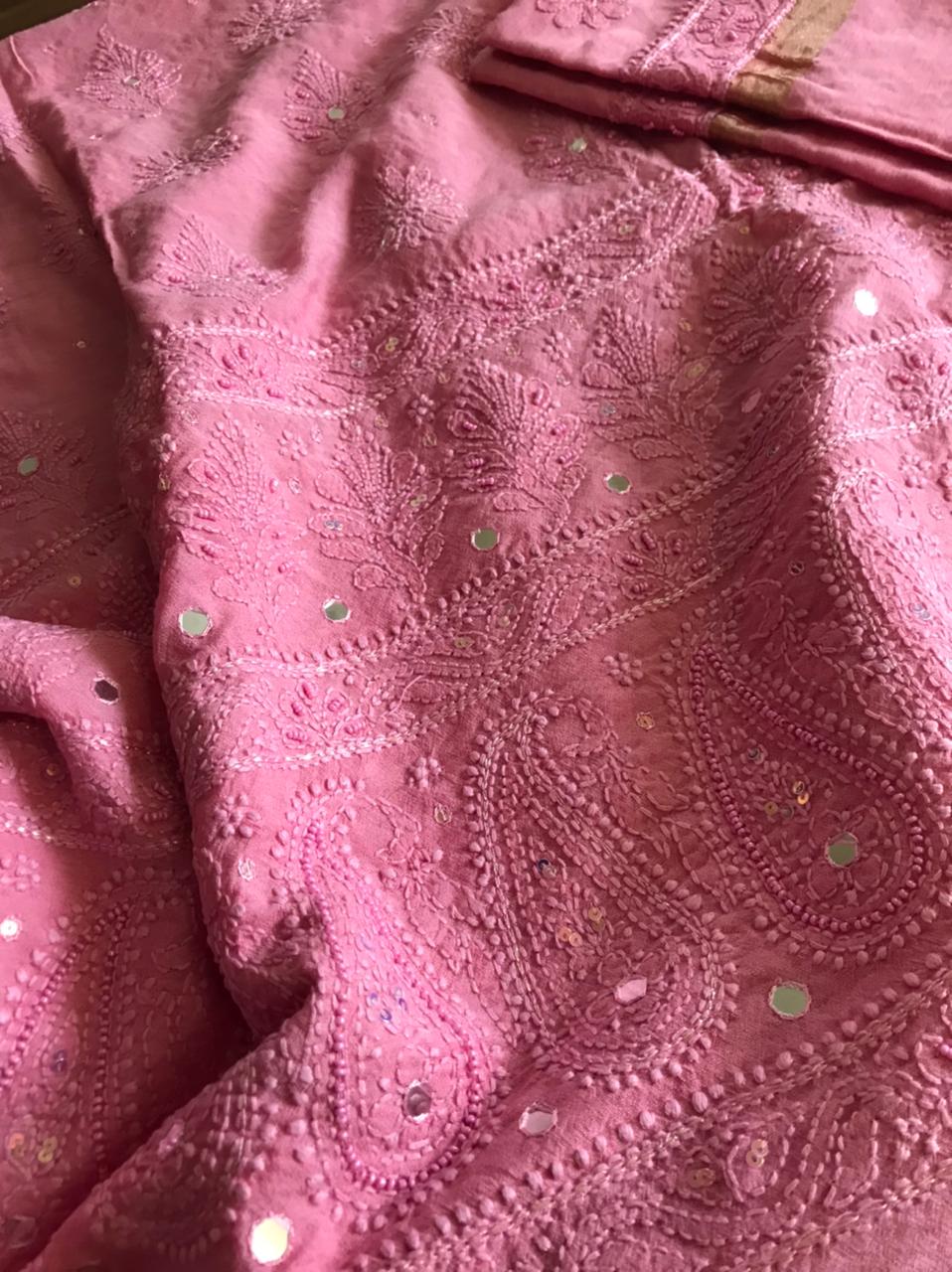 Chanderi Kurta Dupatta with very fine Chikankari embroidery and pearl work - Pink