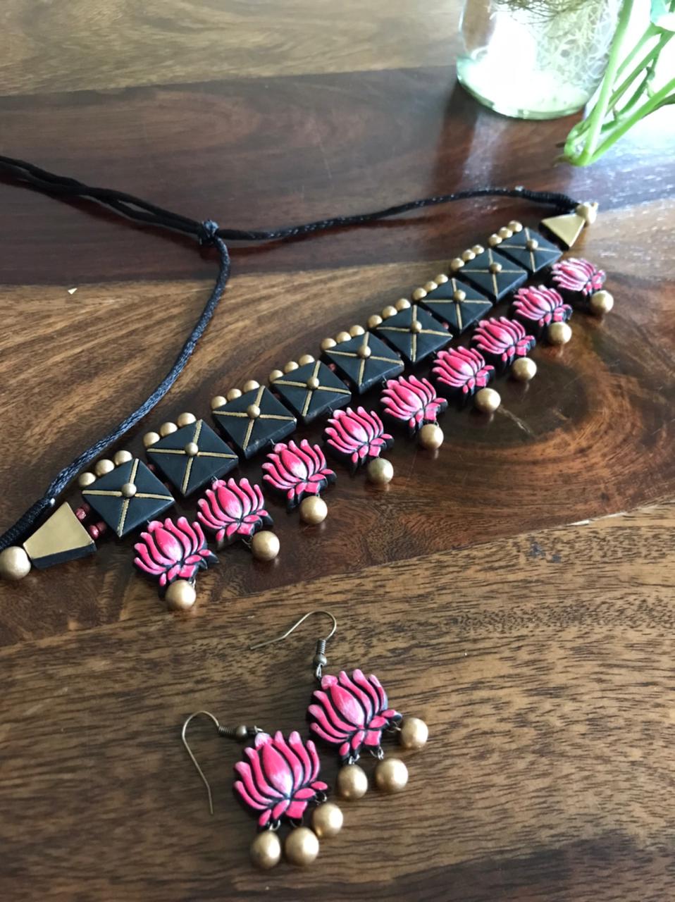 Terracotta Handcrafted Neckpiece with Earrings - Pink and Black Choker Set